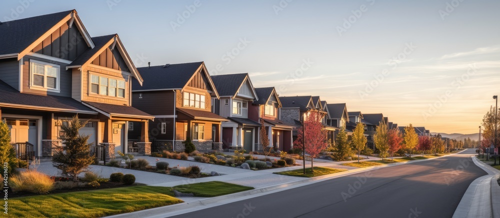 A residential area at dusk with spacious homes and yards captured from the street providing room for copy