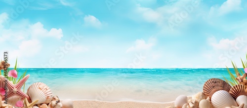 A stunning beachscape with seashells palm trees and a blue sky perfect for a summer vacation
