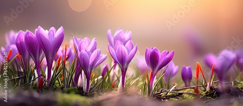 Blooming purple flowers in nature during spring Selective focus Colchicum autumnale