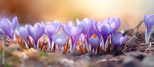 Blooming purple flowers in nature during spring Selective focus Colchicum autumnale