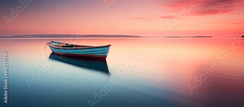 Boat on lake with sunset reflection Slow Shutter captures Motion Blur and Soft Focus
