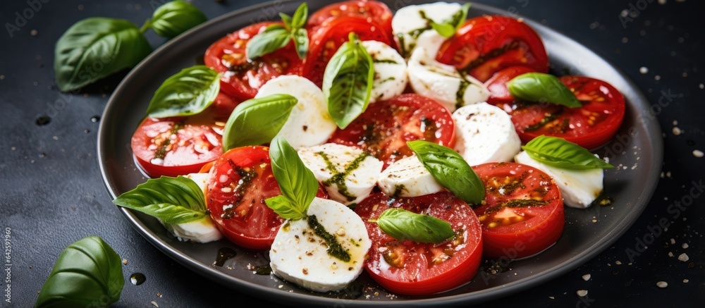 Caprese Salad on Gray Concrete Simple and Elegant with Copy Space
