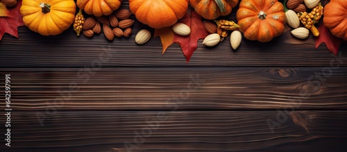 Capture autumn s harvest bounty with a captivating high angle photo of various pumpkins and nuts on a rustic wooden background perfect for text or advertising
