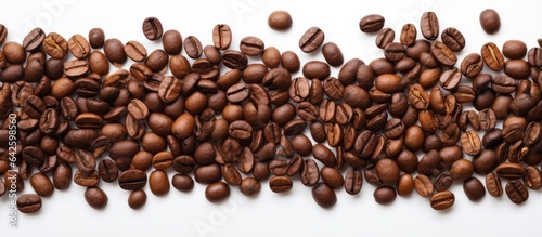 Close up top view of aromatic coffee beans isolated on white background horizontal banner flat lay with empty space
