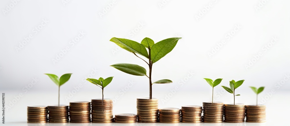 Coin stacks with a growing seedling showcase the saving money concept Coin stacks with a growing seedling showcase the saving money concept