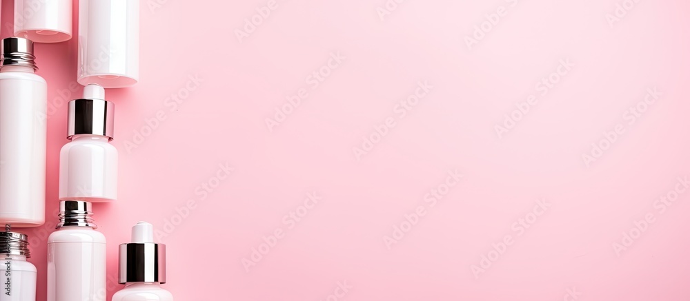 Cosmetic product bottles on pink background flat lay Room for text Cosmetic product bottles on pink background flat lay Room for text