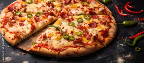 Delicious Italian pizza with melting cheese spicy jalapeno pepper and ham served on a rustic background