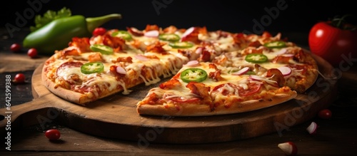 Delicious Italian pizza with melting cheese spicy jalapeno pepper and ham served on a rustic background
