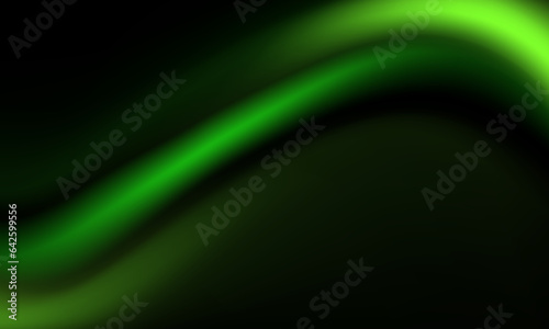 Design of bright green wavy wallpaper for website pages. Horizontal fluid dark background with neon gradient defocused dynamic curves. Layout of widescreen empty abstract banner with copy space