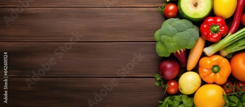 Fresh fruits and vegetables arranged on a wooden background promoting a healthy food concept from a top down perspective with room for text