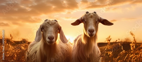 Goats in field at sunset