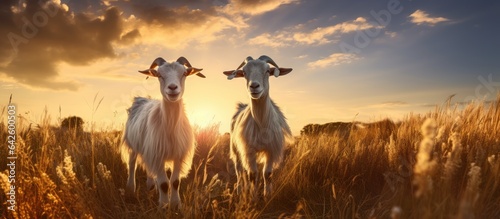 Goats in field at sunset