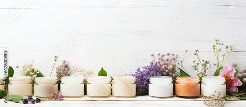Herbal flowers on a white wooden table accompany cosmetic product samples