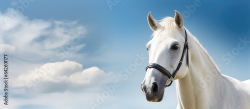 Image of white horse and horse racing text against clear sky copy space Sport and competition concept