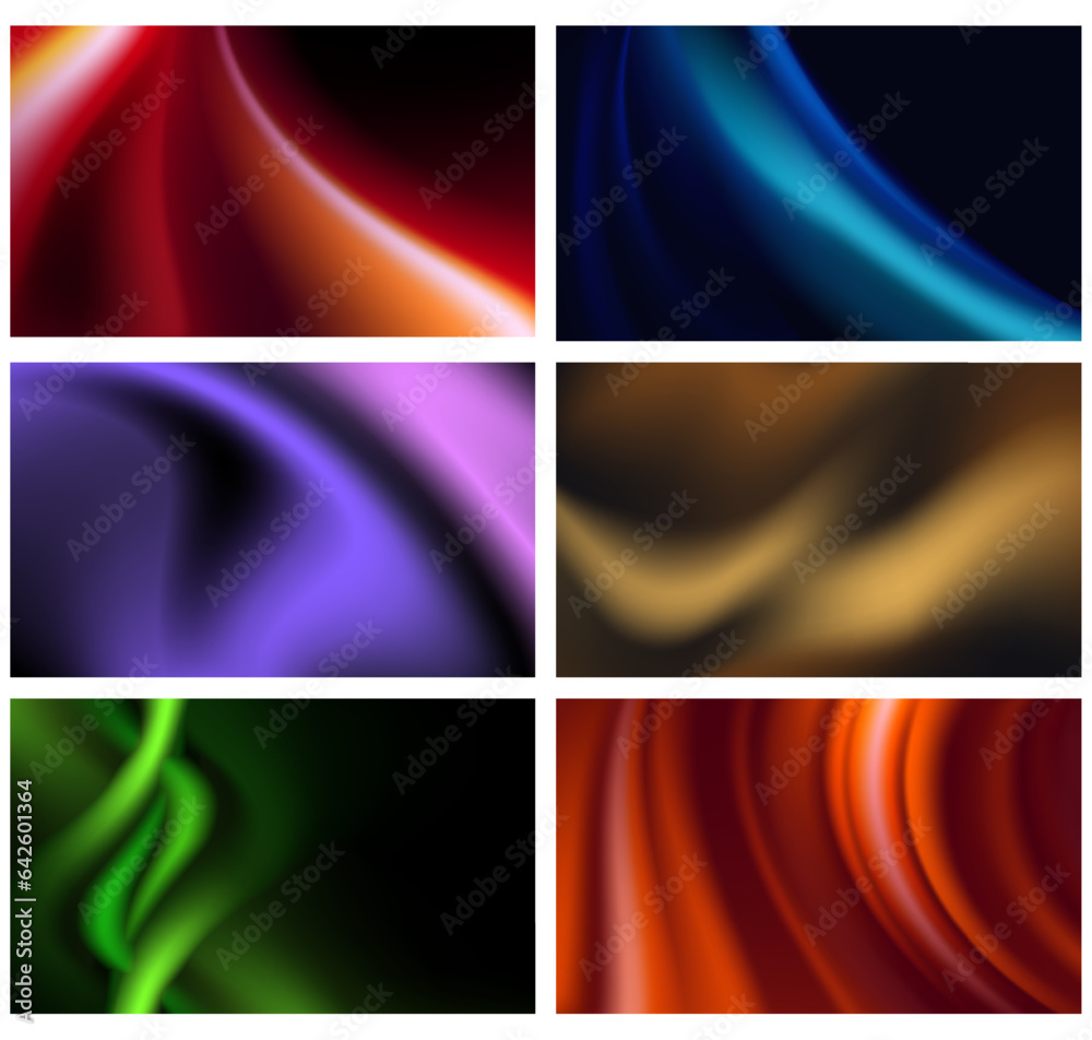 Naklejka premium Abstract futuristic neon backgrounds set with blurred bright gradient. Vibrant blue, red, green, orange, brown wallpapers. Template of empty modern digital backdrop cover, web banner with smooth lines