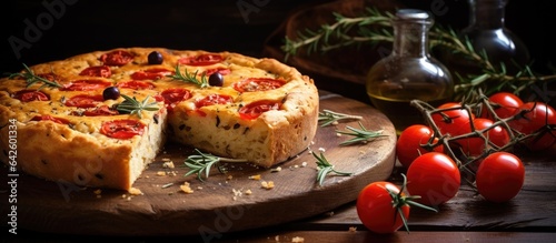 Italian homemade focaccia bread with tomatoes olives thyme and rosemary on a wooden background