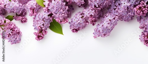 Lilac flowers arranged on a white background with a spring theme showcased from above with empty space photo