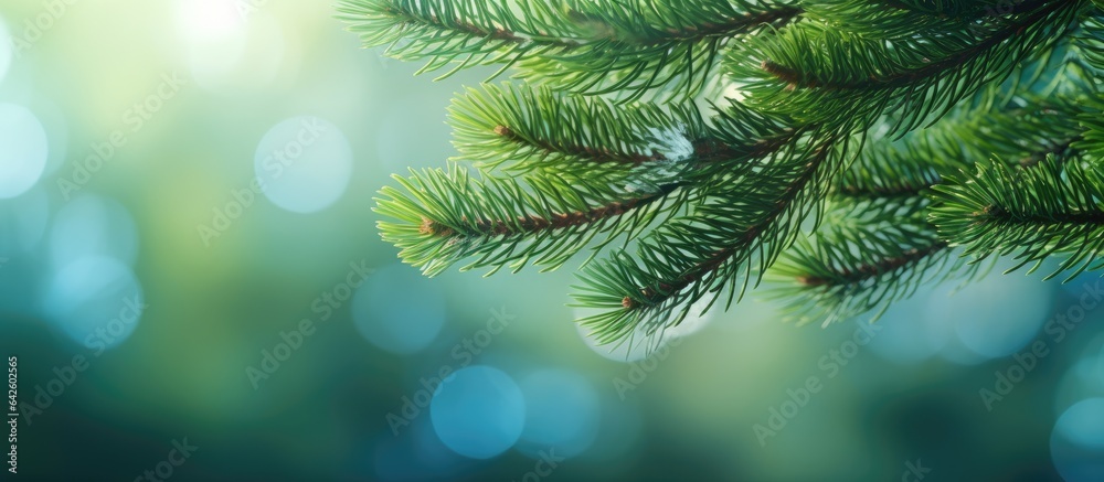 Pine tree branches with stunning bokeh on green backdrop Pine tree branches with stunning bokeh on green backdrop