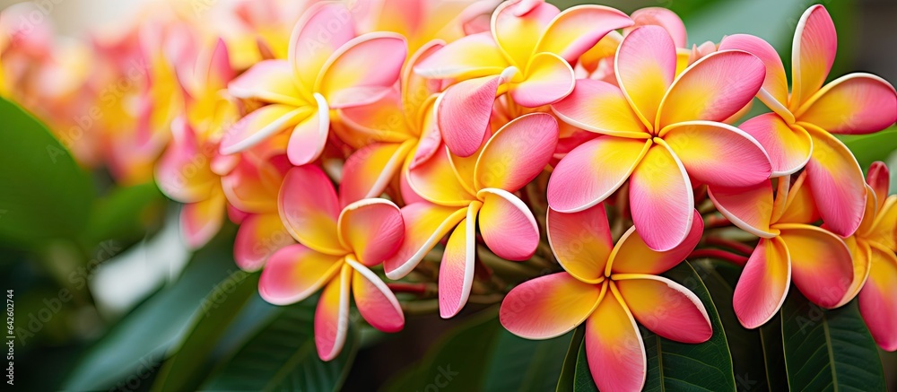 Plumeria flowers in colorful gradient shades bloom close up with green leaf backdrop Plumeria flowers in colorful gradient shades bloom close up with green leaf backdrop