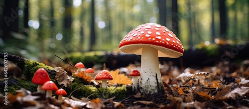 Poisonous mushrooms including a red capped fly agaric stand amidst dry leaves in the forest photo