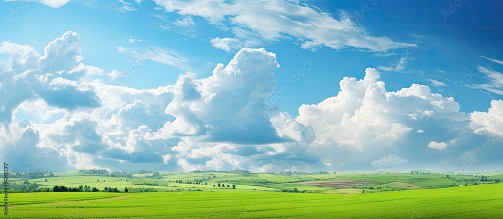 Scenic rural landscape of lush green fields under sunny skies with clouds above - obrazy, fototapety, plakaty 