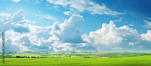 Scenic rural landscape of lush green fields under sunny skies with clouds above