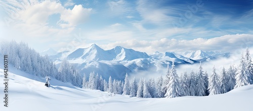 Snow and clouds cover the peak of a mountain in a harsh winter landscape with spruce trees on the slopes