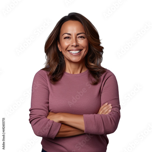 Middle aged Hispanic woman joyfully poses with crossed arms and a happy expression in front of a transparent background
