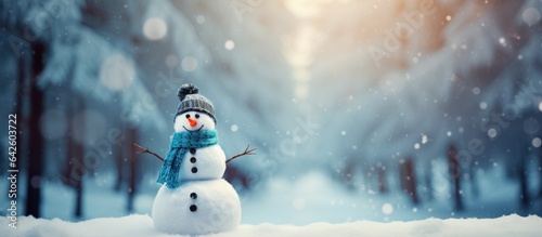 Snowman on snowy winter backdrop appears joyful © vxnaghiyev