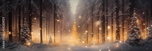 decorated christmas tree in a winter forest with magical light, snowy landscape