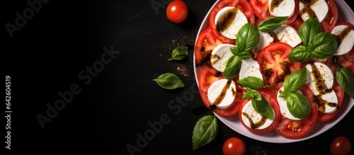 Top view of caprese salad with tomatoes mozzarella basil olive oil on a dark background Copy space