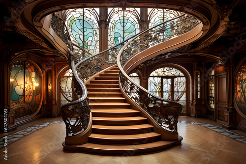 Art Nouveau Staircase - Europe - Staircase with flowing and organic shapes (Generative AI)