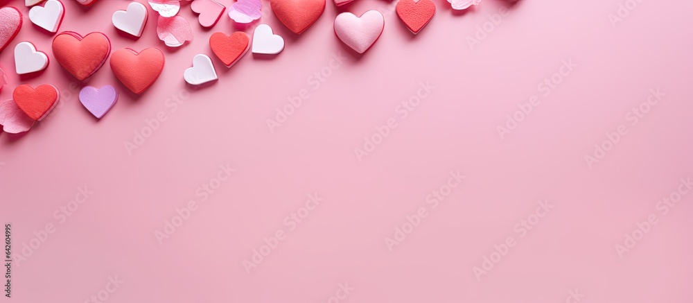 Valentine s Day design Red hearts on pink background Flat lay copy space