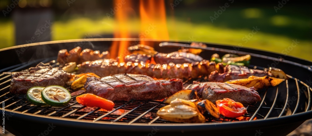 Various tasty grilled meat and veggies on BBQ with smoke and flames on green lawn