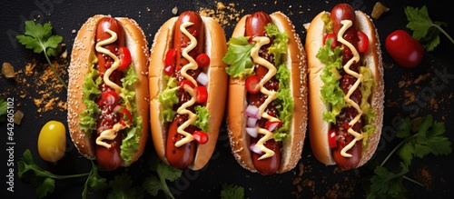 Various fillings on hot dogs Dark background Food background with space for text Overhead view Hot dogs with condiments lettuce cheese and tomatoes
