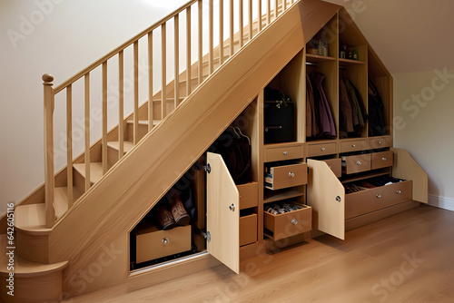 Understairs Storage Staircase - Europe - Staircase with built-in storage beneath (Generative AI)