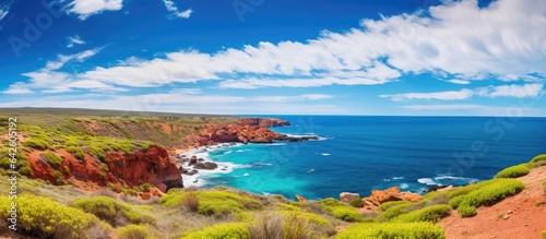 Vibrant coast in Yallingup Western Australia featuring colorful rocks bushes and ocean