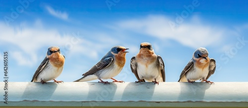 Welcome swallow in various positions on roof against blue sky with room for text