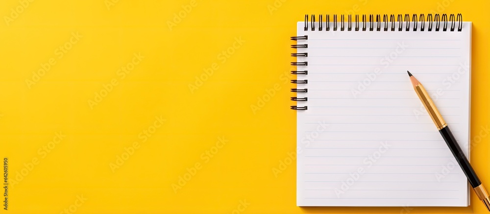 Yellow background with notepad pen and sticky note paper Concept of note taking in office or school Top view with space for text Yellow background with notepad pen and sticky note paper Concept of note taking in office or school Top view with space for text