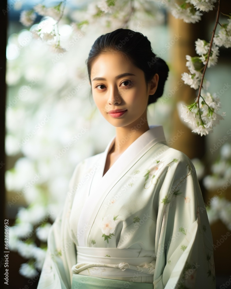 Beautiful Portrait of a Fictional Chinese Lady Model Wearing an Elegant and Colorful Kimono, Standing in a Cherry Blossom Garden. Generative AI.