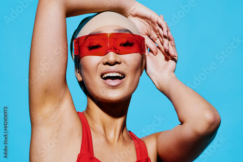 Sunglasses woman emotion portrait happy beauty asian smiling fashion blue hair red goggles