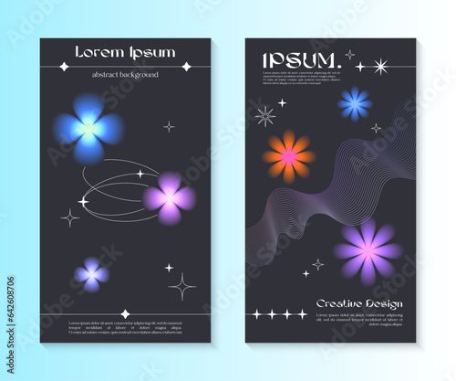Vector insta story cosmic templates with linear shapes,blurred sparkles in 90s style.Smm banners in y2k aesthetic.Futuristic designs for social media marketing,branding,packaging