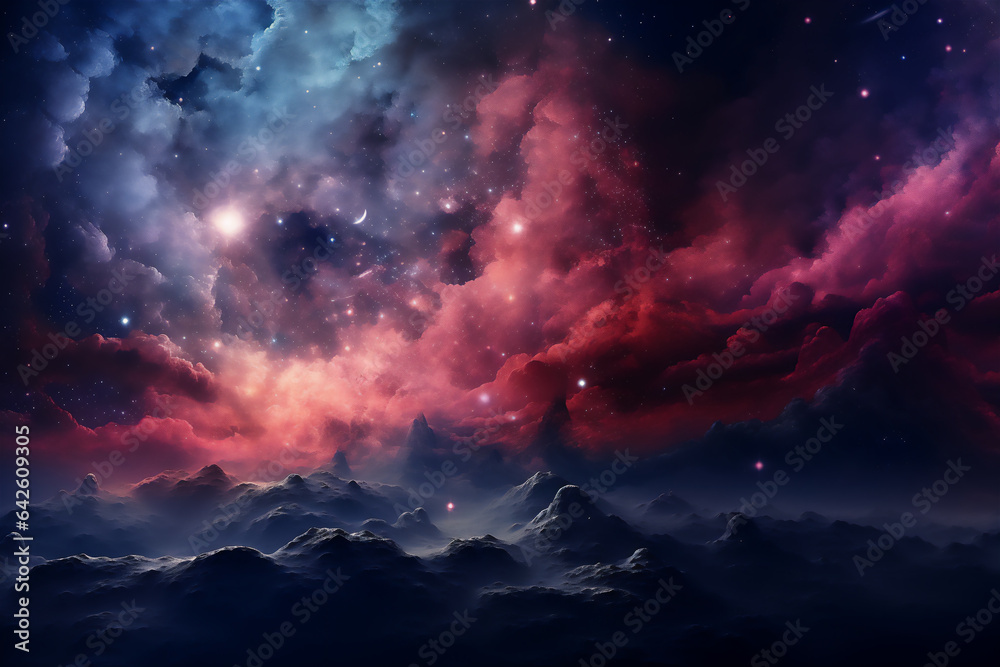 Space fantasy landscape with a planet, life on an unknown planet. Galaxy, neon light.