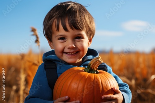 Little boy working on a farm harvesting Halloween pumpkins