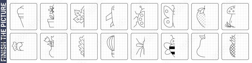 Finish the symmetric picture using grid. Vector set of educational games for children. Activity pages templates for school and preschool kids. Various illustration games, simple and difficult Finish the symmetric picture using grid. Vector set of educational games for children. Activity pages templates for school and preschool kids. Various illustration games, simple and difficult