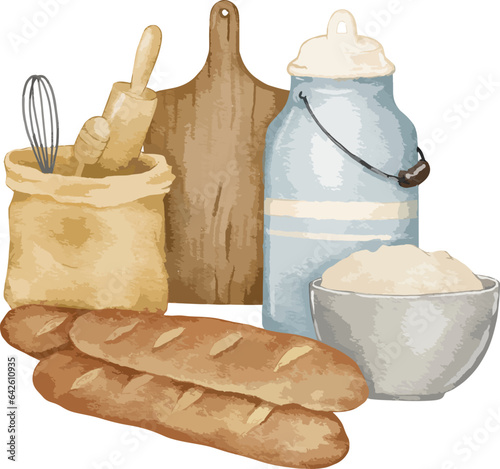 desserts and bakery products  and cooking set kitchen utensils drawn watercolor illustration isolated element