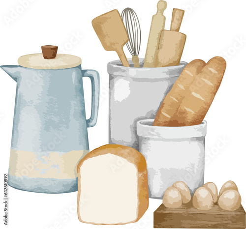 desserts and bakery products  and cooking set kitchen utensils drawn watercolor illustration isolated element