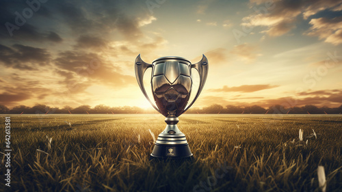 golden trophy cup in field. sport and success concept