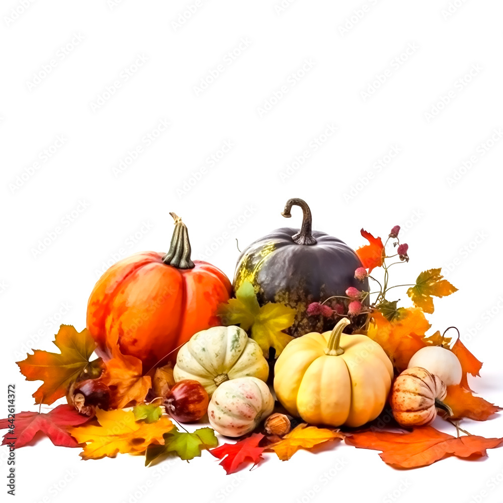 Illustration of Autumn arrangement with pumpkins and Colorful leaves on a white background, Generative AI image. Illustration of Autumn arrangement with pumpkins and Colorful leaves on a white background, Generative AI image.