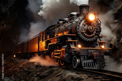 Old steam train pulling into a tunnel belching steam and smoke. High quality photo